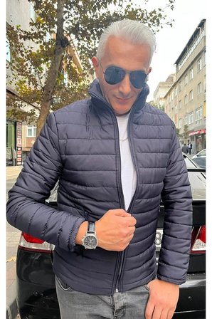 Şişme Yatay Şeritli Bej Rengi Slim Fit Mont