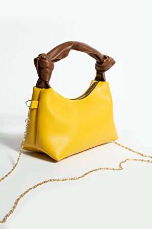 Kadın Soft Deri Düğüm Detaylı Kulplu Zincir Askılı Mini El Omuz Baget Çanta