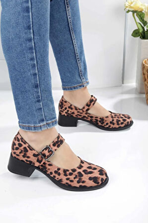 Leopar Topuklu Tek Bant Kadın Babet