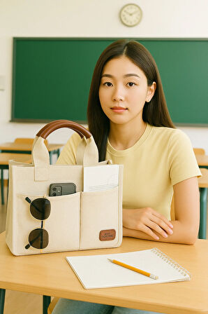 Kadın Günlük Kanvaz Kumaş Tote Çanta – Çok Gözlü, Fermuarlı, Omuz ve El Çantası