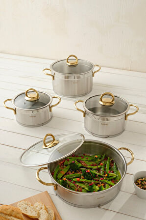 Hisar Orion İndüksiyon Tabanlı 8 Parça Çelik Tencere Seti Titanyum Gold