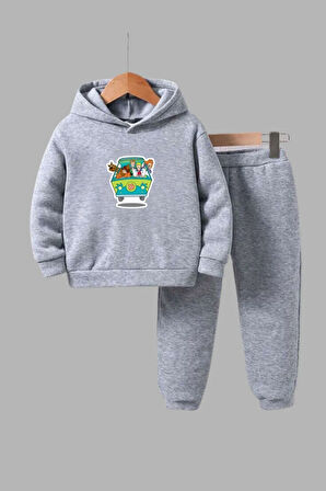 Unisex Çocuk Gri Kapüşonlu Sweatshirt ve Eşofman Altı Takımı Scooby Doo Baskılı