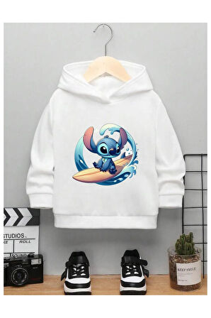 Çocuk Tasarım Stitch Surf Çizgi Karakter Baskılı Kapüşonlu Sweatshirt Pamuklu