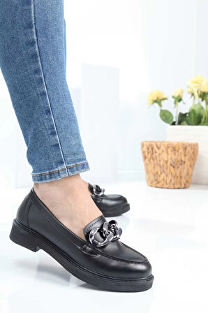 Günlük Rahat Ve Şık Kalın Tabanlı Kadın Zincirli Loafer Ayakkabı