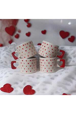 4 lü Kırmızı Minik Kalpler Çizimli El Yapımı Doğal Seramik Kalp Kupa / Mug - Çay&Kahve Fincanı