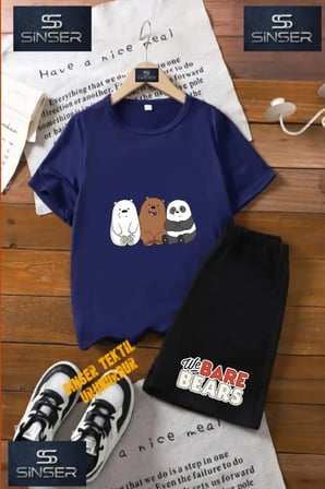 Çocuk UNISEX “PANDALAR 3LU YAN YANA“ Özel Baskılı Bisiklet Yaka Tişört - Şort Takım