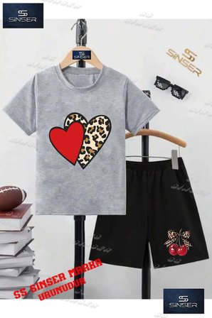 Çocuk UNISEX “KALP 2LI KIRMIZI LEOPAR DESEN“ Özel Baskılı Bisiklet Yaka Tişört - Şort Takım