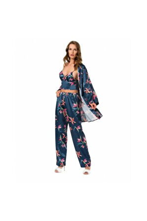Kadın Mavi Üçlü Saten Pijama Takımı