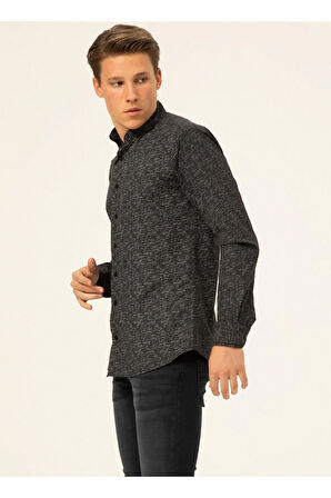 Klasik Yaka Baskılı Siyah Erkek Gömlek Gm2025500378