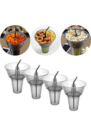 4lü Set Pratik Pipetli Bardaklı Pop Corn Kovası Atıştırma Çerez Tabağı Kuruyemiş Patlamış Mısır Cips