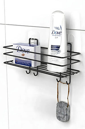 Yapışkanlı 4 Kancalı Banyo Rafı Mat Siyah Banyo Şampuanlık Duşakabin Duş Askısı