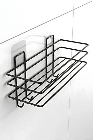 Yapışkanlı 4 Kancalı Banyo Rafı Mat Siyah Banyo Şampuanlık Duşakabin Duş Askısı