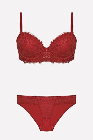 4487 Kadın Bordo Balenli Dantelli Destekli Push-up Sütyen Takım