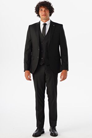 Süvari Slim Kalıp Düz Yelekli Takım Elbise