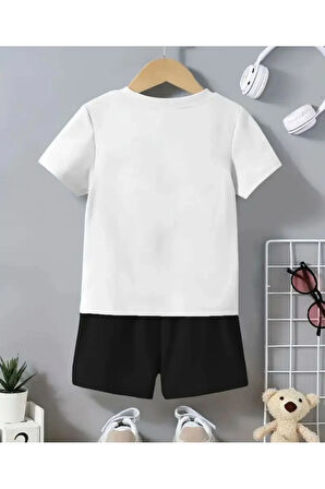 Kız\Erkek Çocuk Beyaz-Siyah İtalia Baskılı Şort-Tshirt Takım