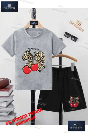 Çocuk UNISEX “KIRAZ LEOPAR KURDELE CHERRY YAZI“ Özel Baskılı Bisiklet Yaka Tişört - Şort Takım
