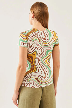 Kadın Ekru Kahve Desen Kare Yaka Kısa Kol Viskon Bluz