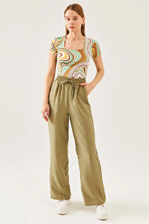 Kadın Ekru Kahve Desen Kare Yaka Kısa Kol Viskon Bluz