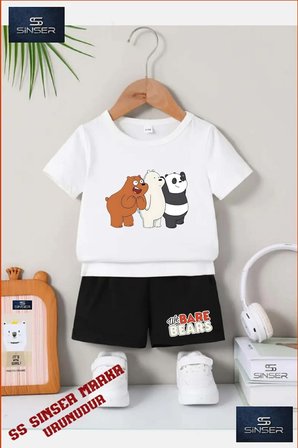 Çocuk UNISEX “PANDALAR 3LU SASIRAN“ Özel Baskılı Bisiklet Yaka Tişört - Şort Takım