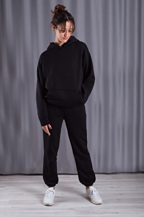 Unisex Siyah Oversize Kalın Puflu Eşofman Takımı - Sevgili Kombini
