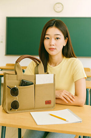 Kadın Günlük Kanvaz Kumaş Tote Çanta – Çok Gözlü, Fermuarlı, Omuz ve El Çantası