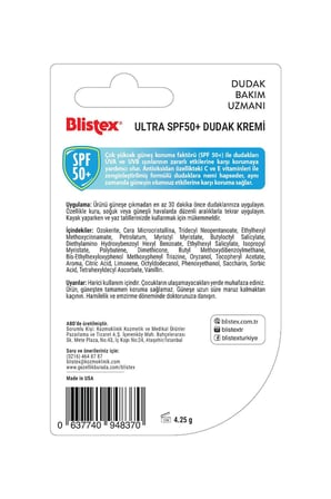 Ultra SPF50+Yüksek Güneş Korumalı,Vitamin, Antioksidan İçeren Yoğun Nemlendirici Dudak Kremi