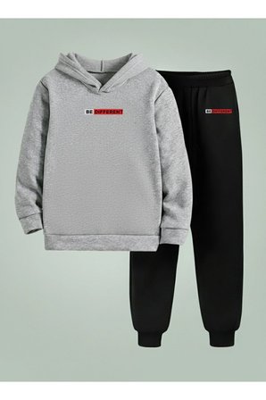 Erkek Çocuk Kapüşonlu Takım BE DIFFERENT Baskılı 3 İplik Şardonlu Sweatshirt - Eşofman Takım