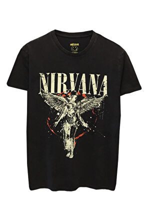 Unisex Yıkamalı Eskitme Kumaş Rock Müzik Nırvana Baskılı Tişört