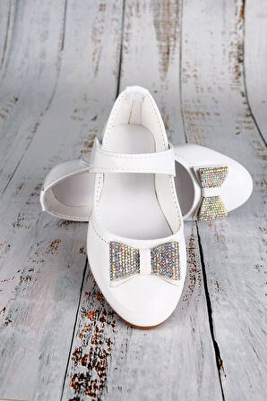 Kız Çocuk Babet Ayakkabı Cırtlı Taşlı Fiyonklu Beyaz