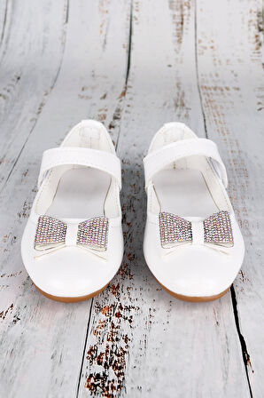 Kız Çocuk Babet Ayakkabı Cırtlı Taşlı Fiyonklu Beyaz