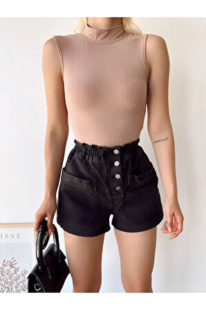 Kadın Bej Kolsuz Dik Yaka Kaşkorse Viskon Bluz