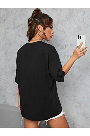 MoonLife Kız Çocuk Kırmızı Yüz Baskı Detaylı Oversize T-shirt kırmızırenklileryüzdetaylı