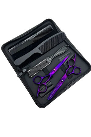 Mor Saç Kesim Makas Seti 17 cm Düz ve Ara Makas Şık Deri Çantada Kuaför Seti XLQ592