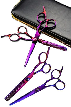 Mor Saç Kesim Makas Seti 17 cm Düz ve Ara Makas Şık Deri Çantada Kuaför Seti XLQ592