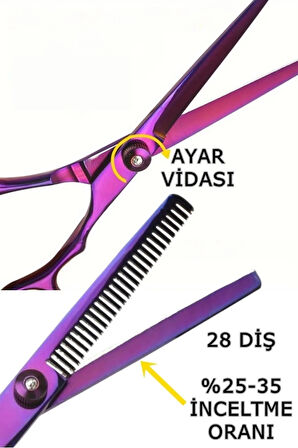 Mor Saç Kesim Makas Seti 17 cm Düz ve Ara Makas Şık Deri Çantada Kuaför Seti XLQ592
