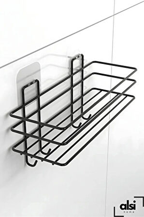 Yapışkanlı 4 Kancalı Banyo Rafı Mat Siyah Banyo Şampuanlık Duşakabin Duş Askısı