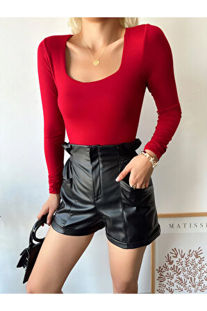 Kadın Kırmızı Kare Yaka Uzun Kol Viskon Bluz