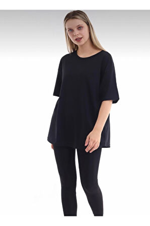 Unisex Pamuk Bisiklet Yaka Boyfriend Örme Oversize T-shirt