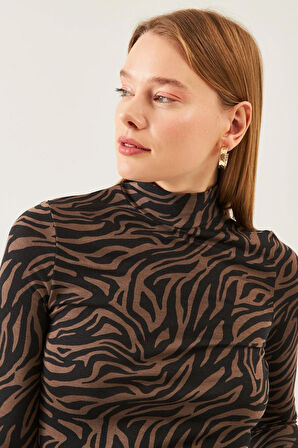 Kadın Siyah Kahve Desenli Dik Yaka Uzun Kol Viskon Bluz