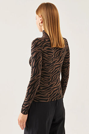 Kadın Siyah Kahve Desenli Dik Yaka Uzun Kol Viskon Bluz