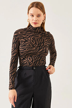 Kadın Siyah Kahve Desenli Dik Yaka Uzun Kol Viskon Bluz