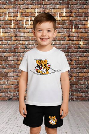 Baskılı Bisiklet Yaka Erkek ve Kız Çocuk Takımı Pamuklu T-shirt ve Şort, Yazlık Konforlu Takım
