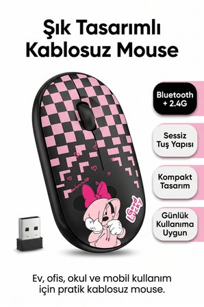 Çift Mod Bluetooth 2.4G Kablosuz Siyah Desenli Sessiz Optik Mouse