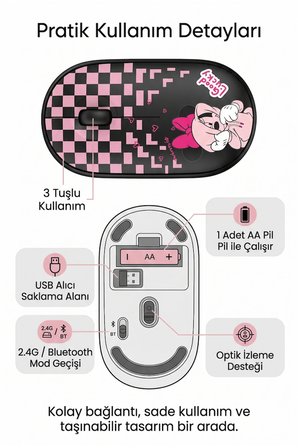 Çift Mod Bluetooth 2.4G Kablosuz Siyah Desenli Sessiz Optik Mouse