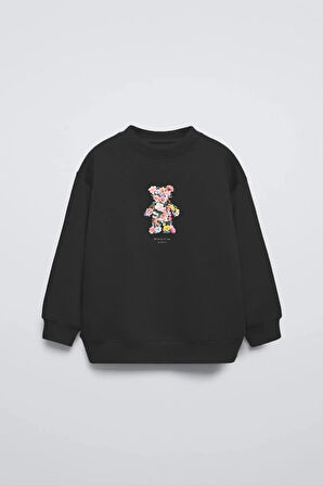 Siyah Çocuk Çiçekli Ayıcık Baskılı Bisiklet Yaka Oversize Sweatshirt