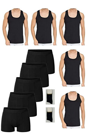 Ekonomik Pamuklu 5'li Erkek Beyaz Atlet-Boxer Set 2 çift Çorap Hediyeli