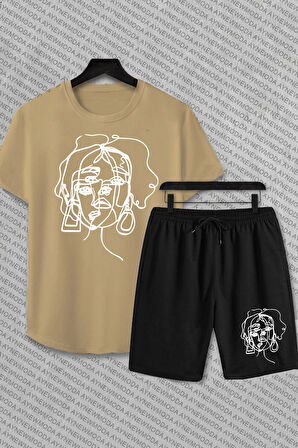 Aesthetic Kadın Çizim Baskılı şort Ve T-shirt Alt Üst Takımı