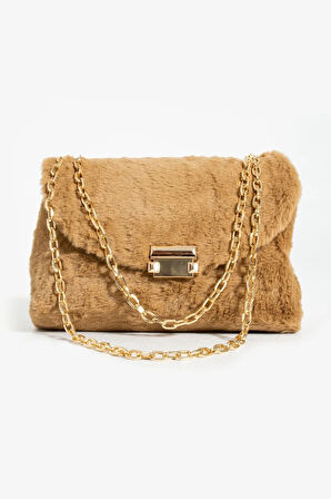 Kadın omuz çantası zincir askılı 3 gözlü kürklü çanta