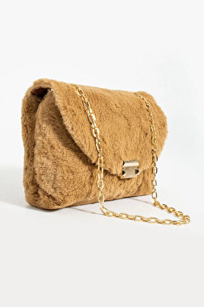 Kadın omuz çantası zincir askılı 3 gözlü kürklü çanta