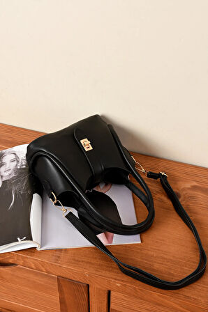 Demir Toka Kemerli Çift Askılı Makyaj Çantalı Zarif Suni Deri Kadın El Ve Omuz Çantası